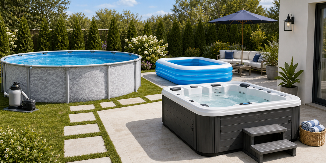 Backyard pool, inflatable pool, hot tub, shade, and poolside seating arranged for summer outdoor living