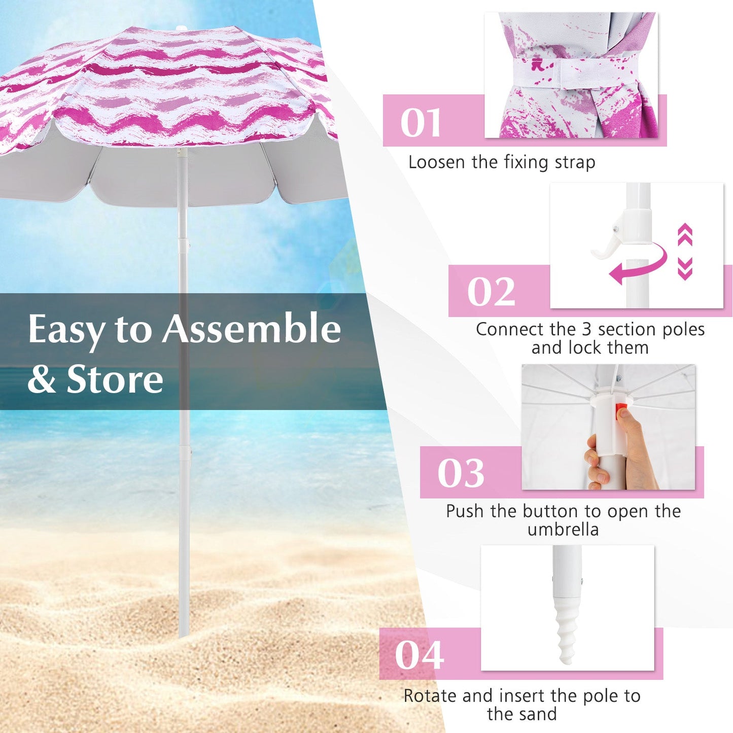 Beach Umbrella Set with Two Folding Chairs and Picnic Blanket