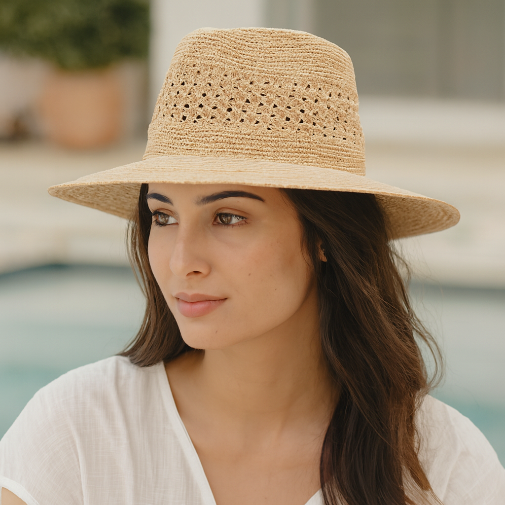 Wide-brim raffia fedora with crochet crown worn poolside