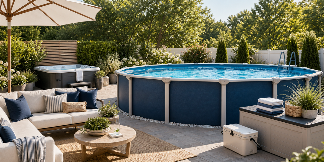 Backyard above-ground pool with nearby hot tub, outdoor seating, shade, cooler, towels, and poolside storage