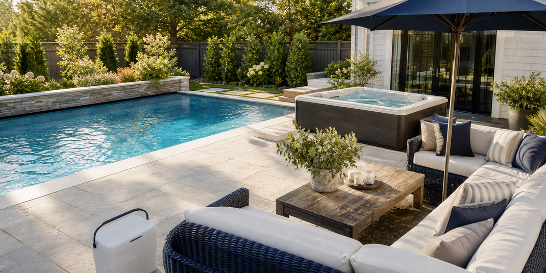 Poolside outdoor living area with hot tub, swimming pool, shade umbrella, lounge seating, and cooler