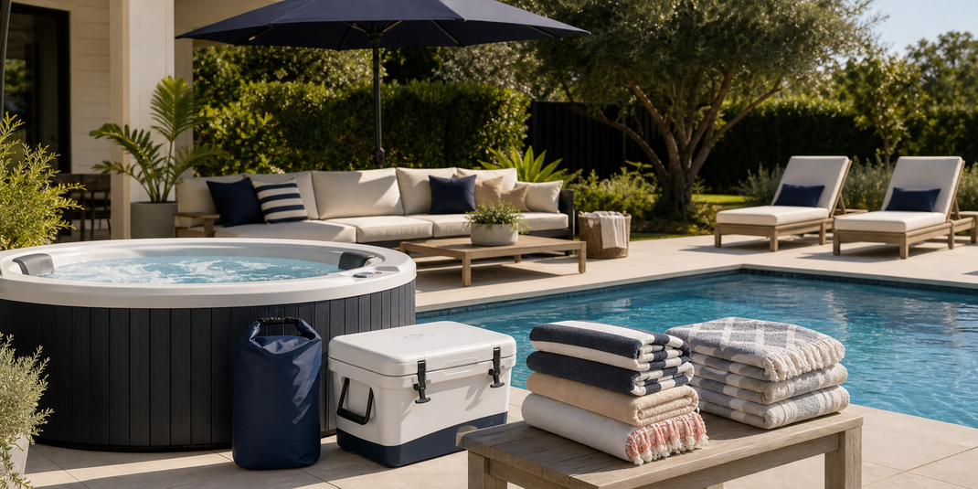 Pool and hot tub patio with cooler, dry bag, towels, outdoor seating, and shaded loungers