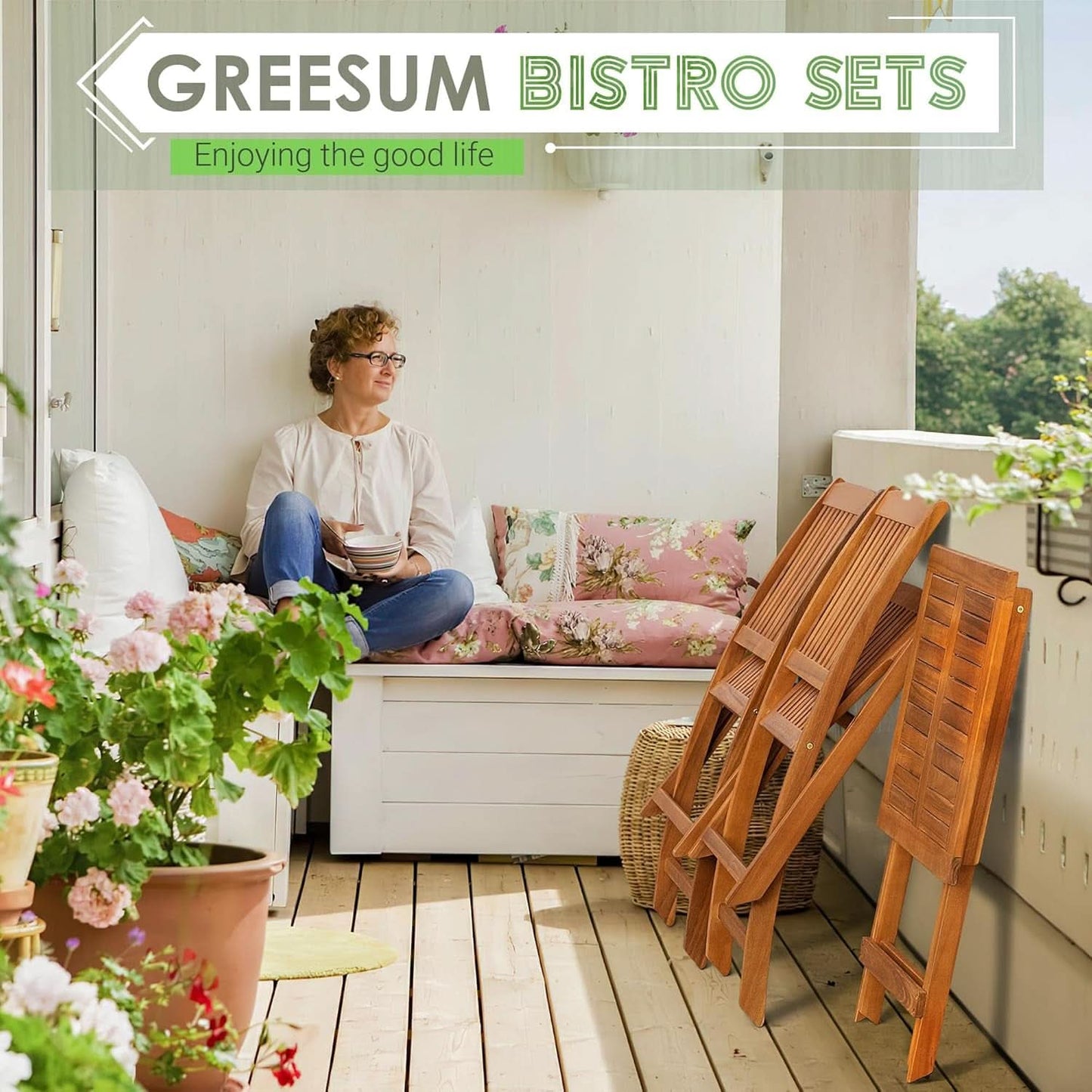 3 Piece Acacia Folding Bistro Set with Cushions