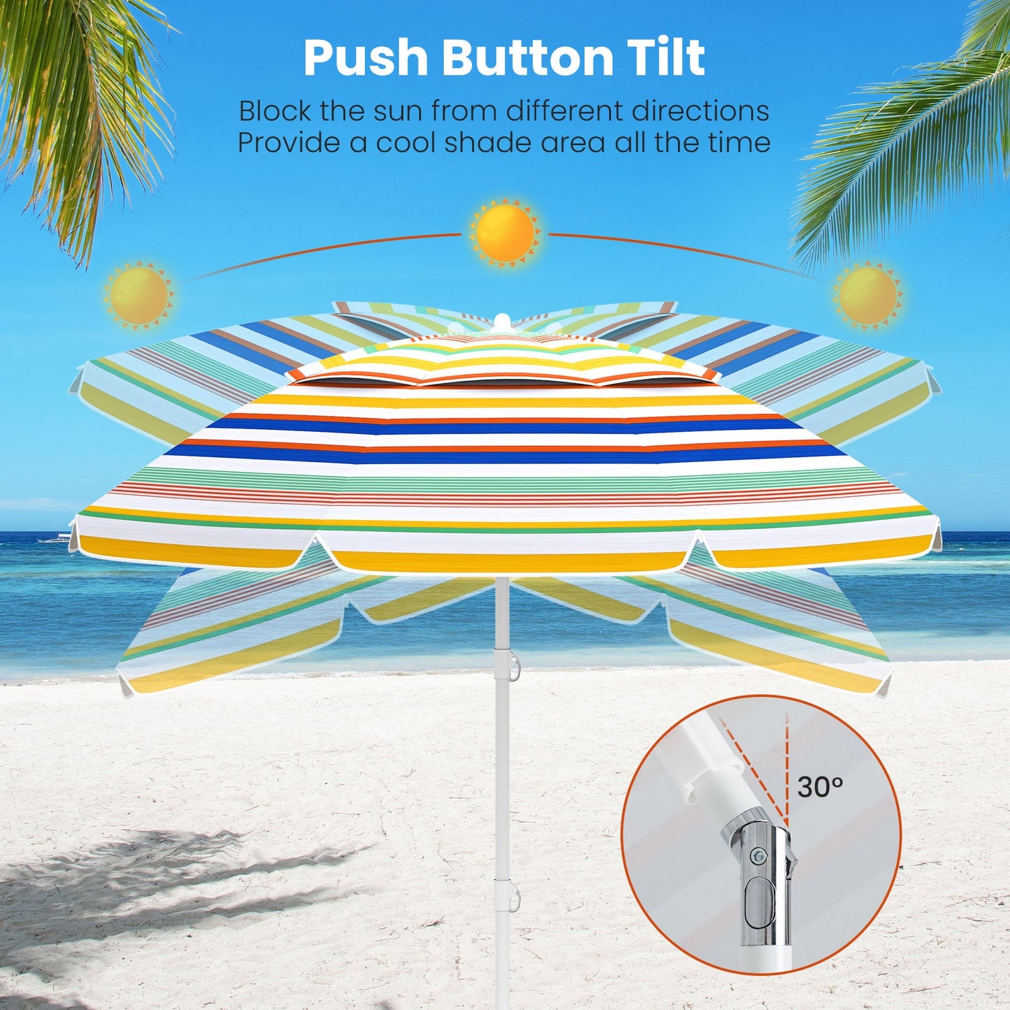 6.5 Feet Beach Umbrella with Upf50+ Sun Protection and Push Button Tilt-colorful