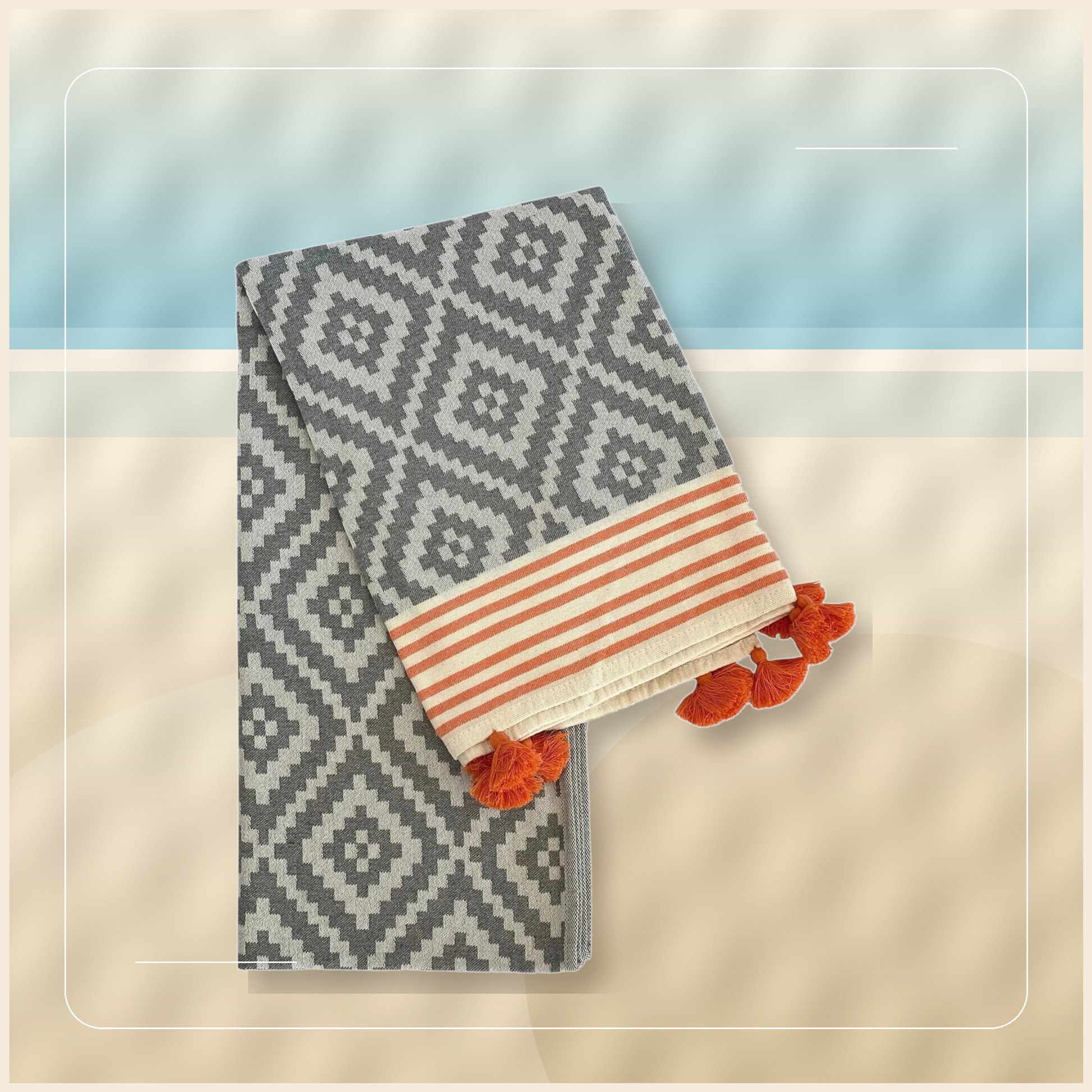 Duskline Turkish Cotton Towel Throw styled on a calm high-resolution shoreline backdrop