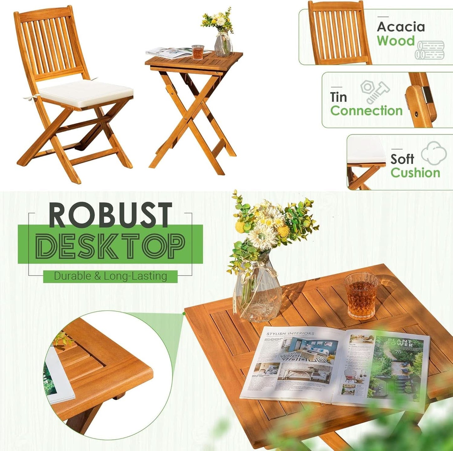 3 Piece Acacia Folding Bistro Set with Cushions