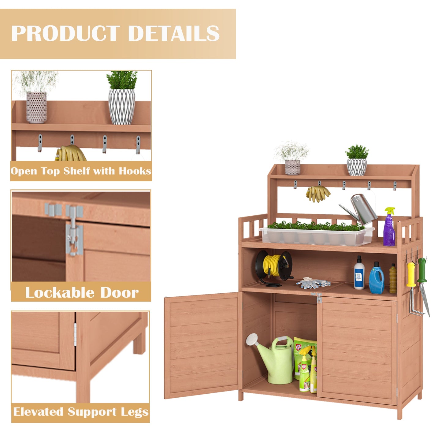 Outdoor Potting Bench with Storage Cabinet and Top Shelf