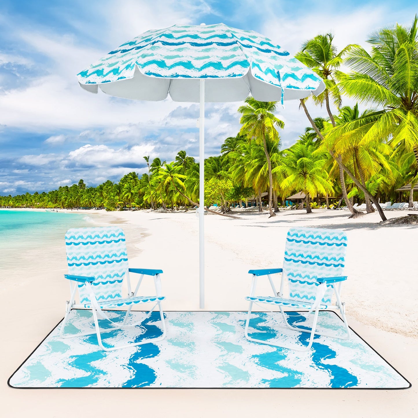 Beach Umbrella Set with Two Folding Chairs and Picnic Blanket