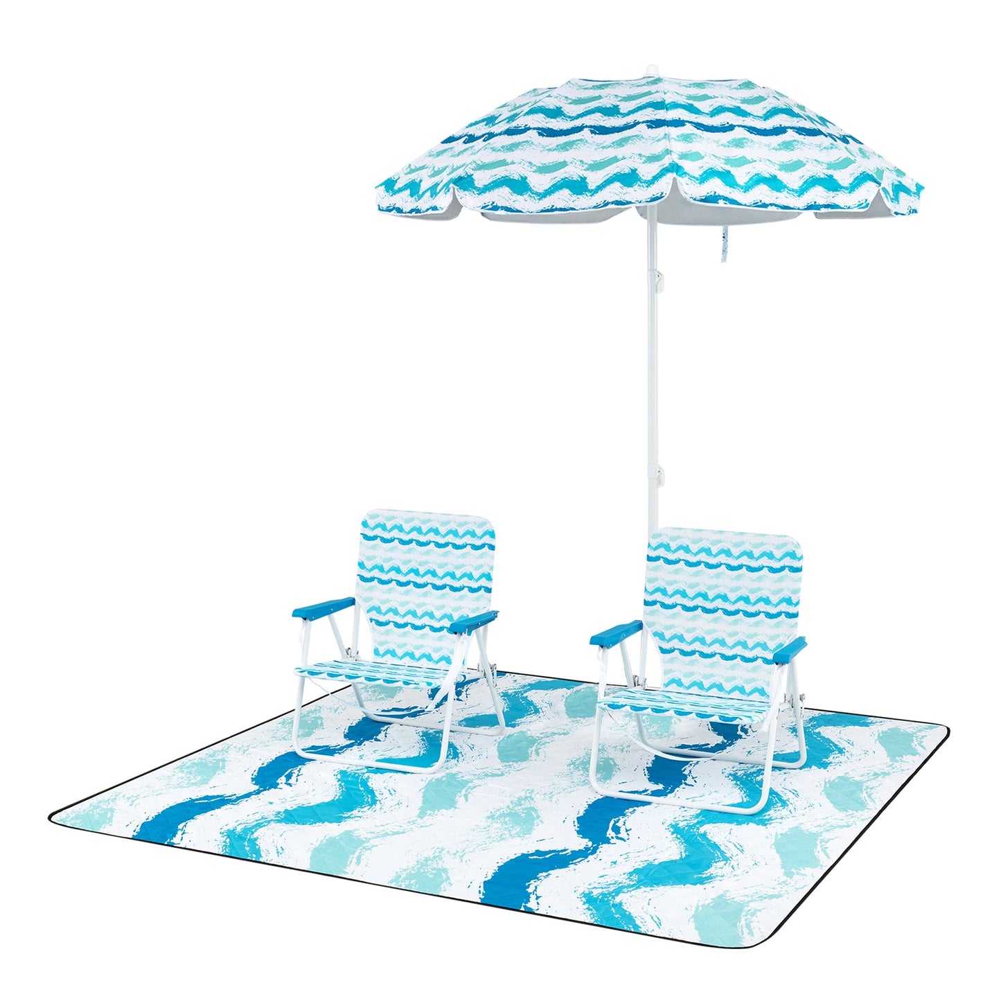 Beach Umbrella Set with Two Folding Chairs and Picnic Blanket