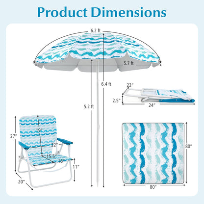 Beach Umbrella Set with Two Folding Chairs and Picnic Blanket