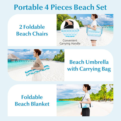 Beach Umbrella Set with Two Folding Chairs and Picnic Blanket