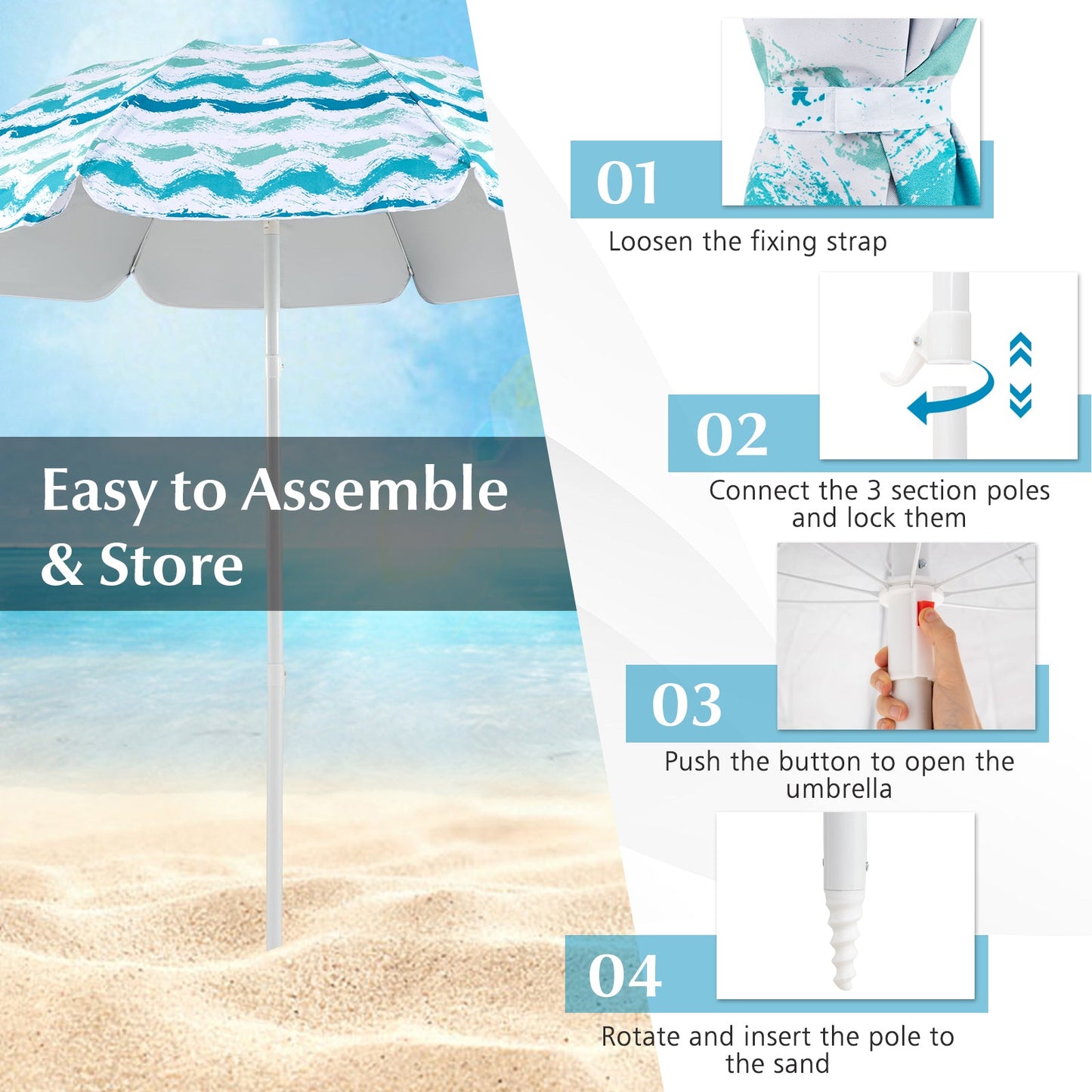 Beach Umbrella Set with Two Folding Chairs and Picnic Blanket