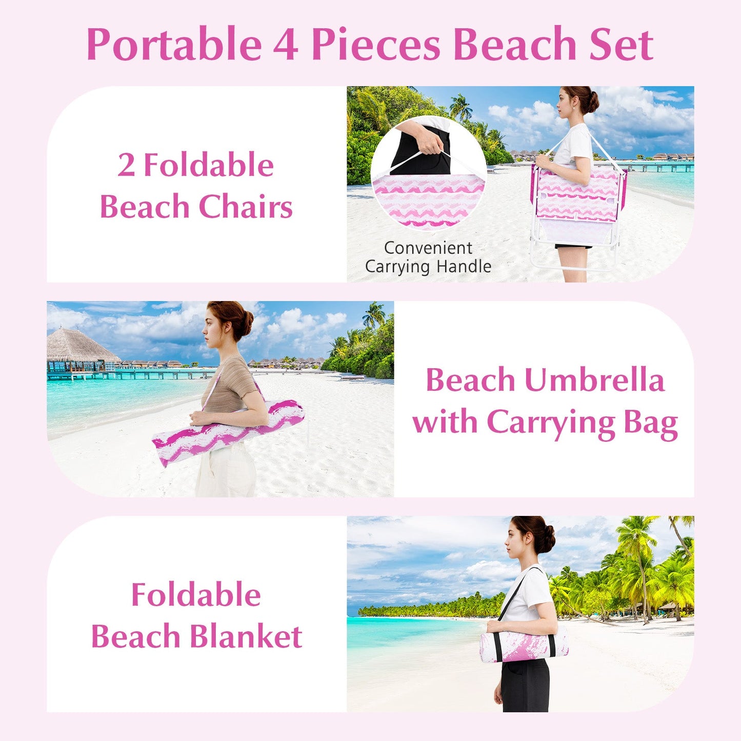 Beach Umbrella Set with Two Folding Chairs and Picnic Blanket