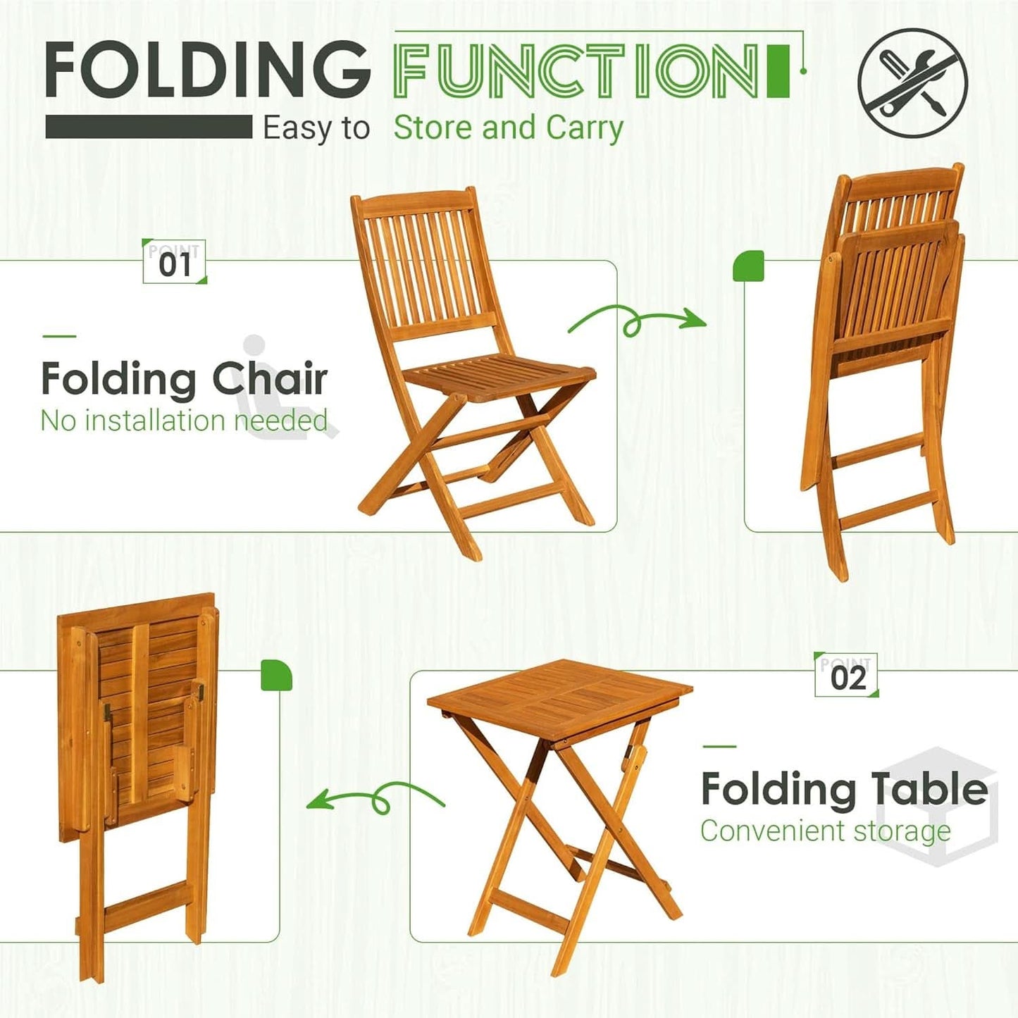 3 Piece Acacia Folding Bistro Set with Cushions