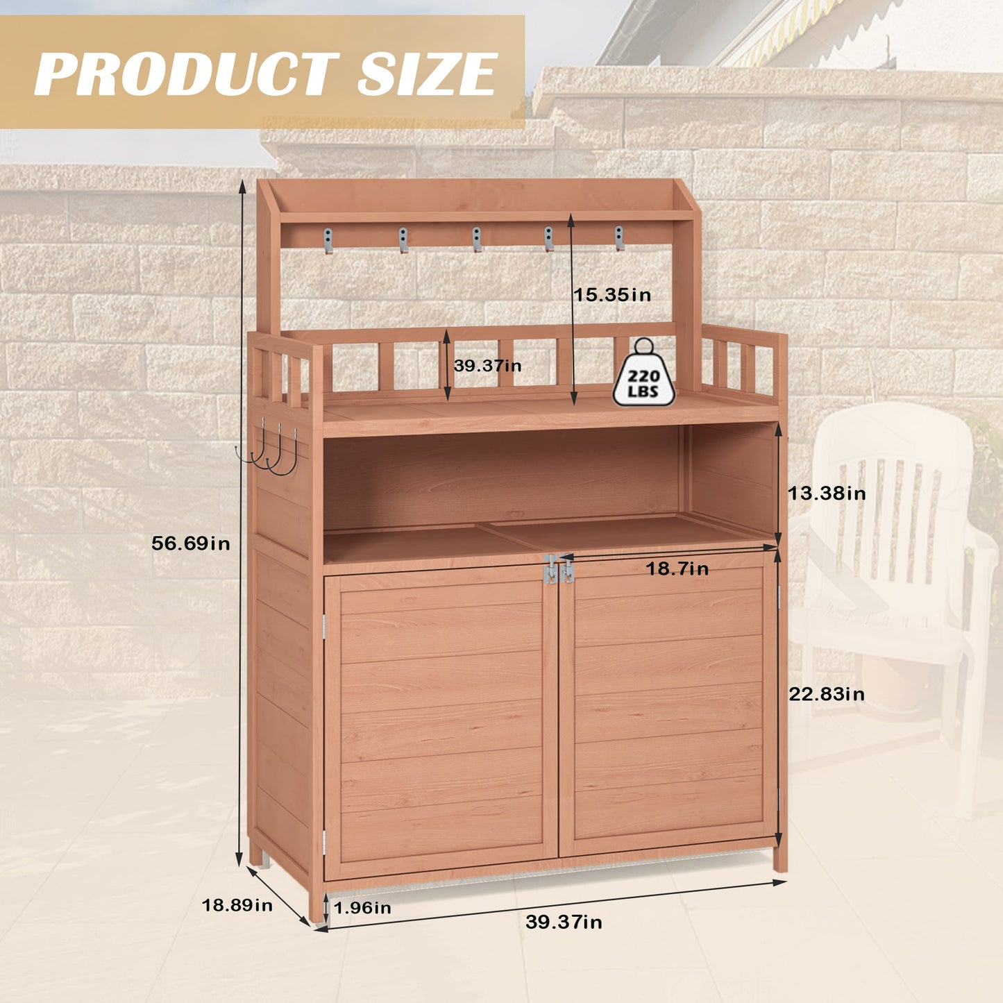 Outdoor Potting Bench with Storage Cabinet and Top Shelf