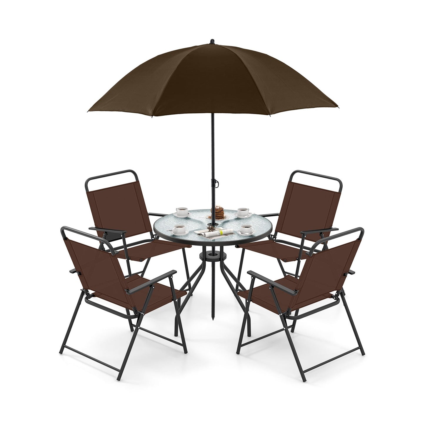 6 Pieces Patio Dining Set Folding Chairs Glass Table Tilt Umbrella