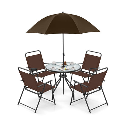 6 Pieces Patio Dining Set Folding Chairs Glass Table Tilt Umbrella