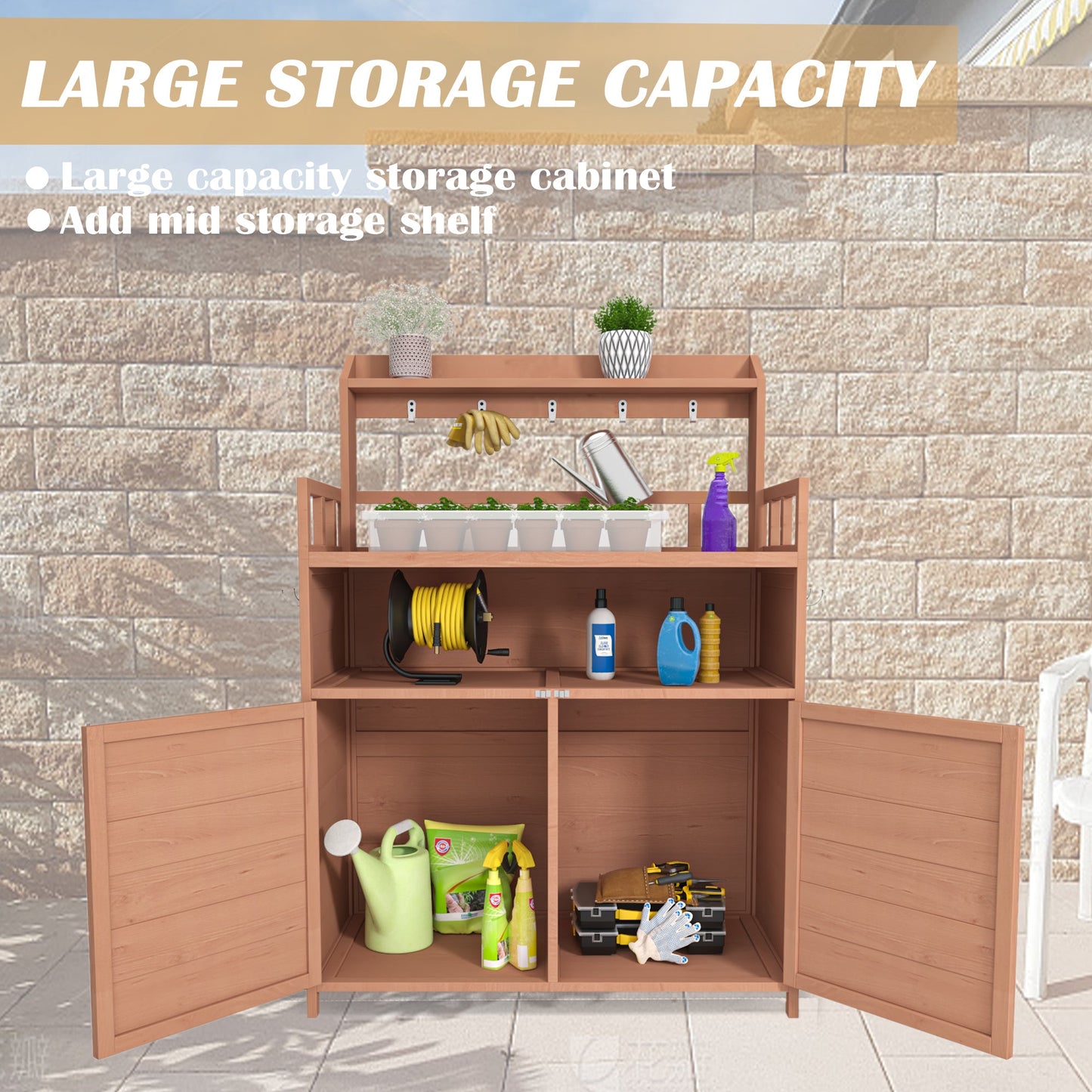 Outdoor Potting Bench with Storage Cabinet and Top Shelf