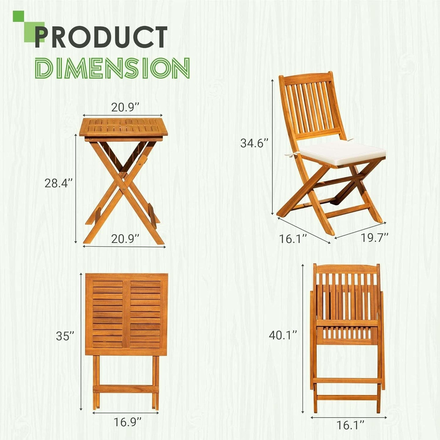 3 Piece Acacia Folding Bistro Set with Cushions