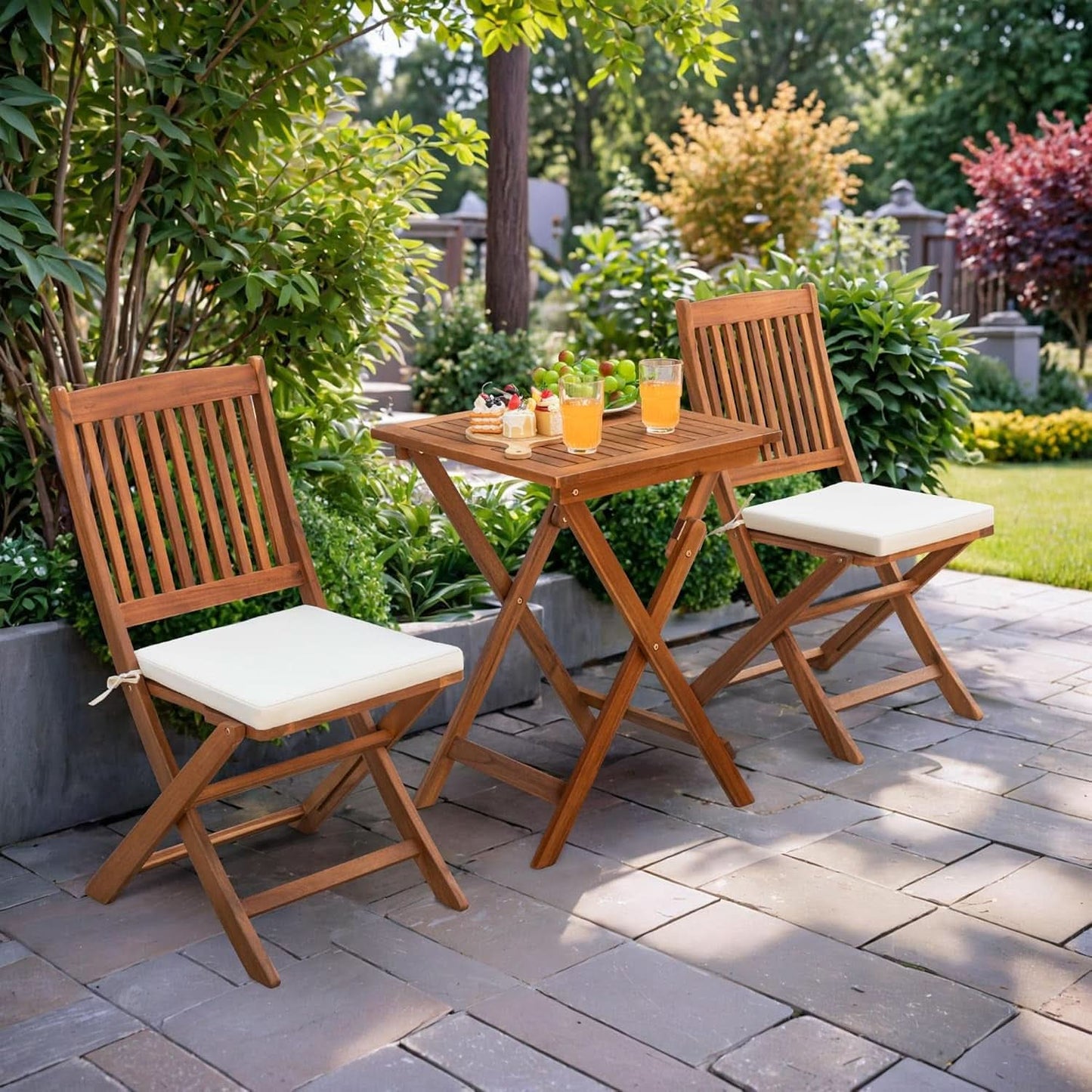 3 Piece Acacia Folding Bistro Set with Cushions