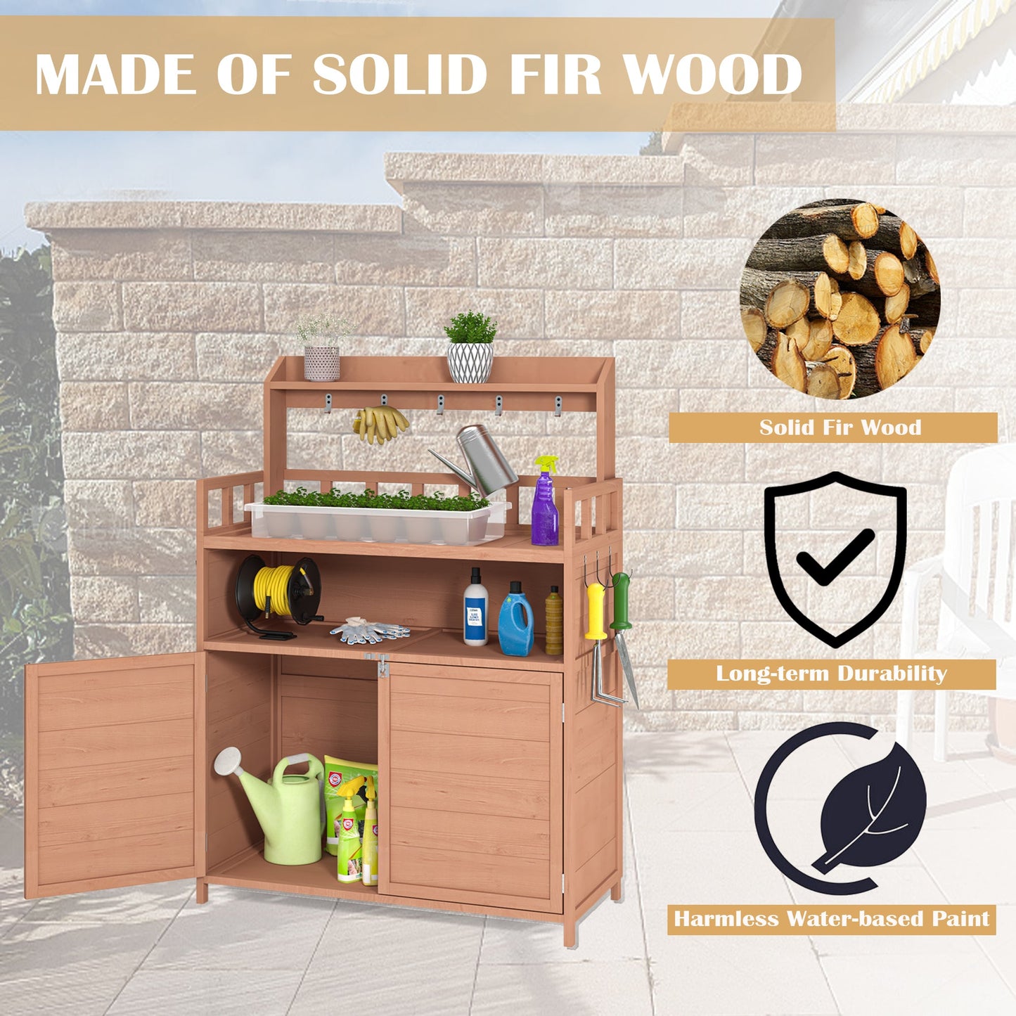 Outdoor Potting Bench with Storage Cabinet and Top Shelf