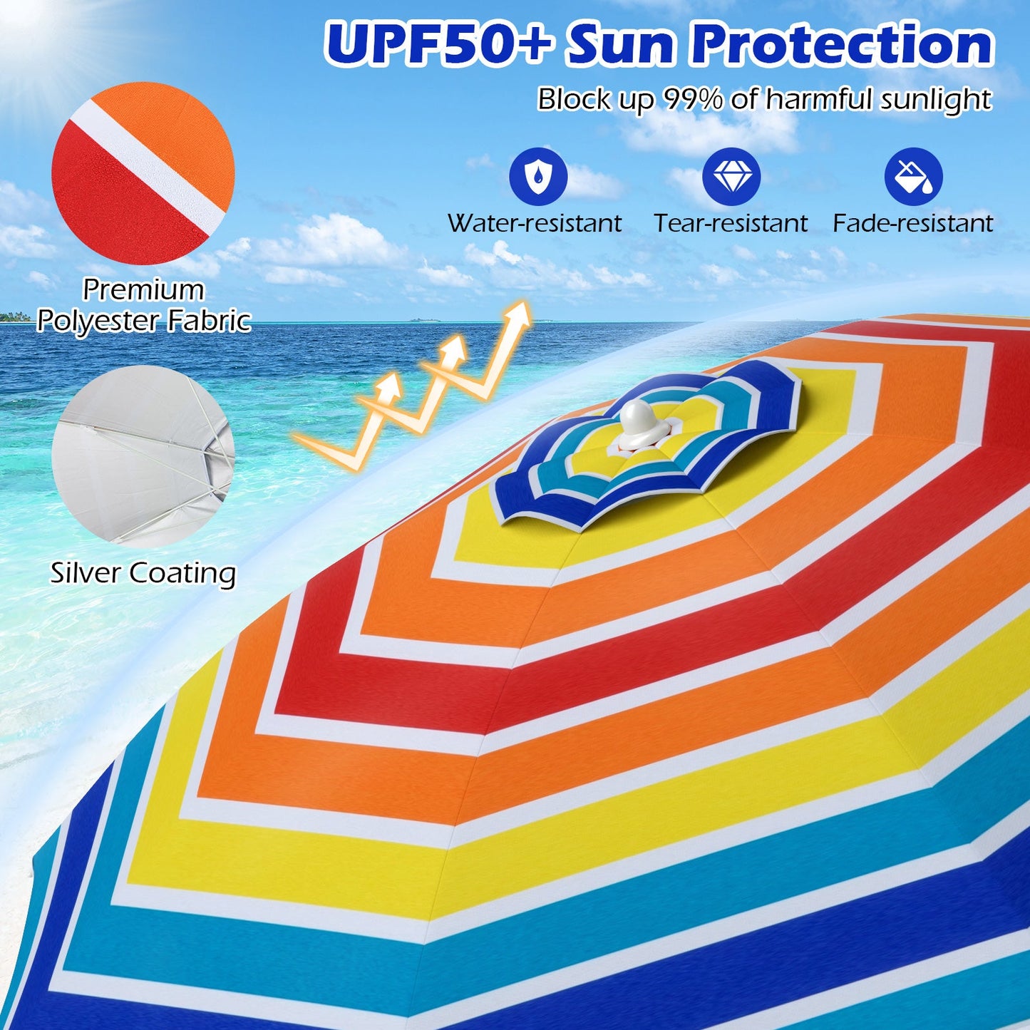 6.5 Feet Beach Umbrella with UPF 50+ Protection