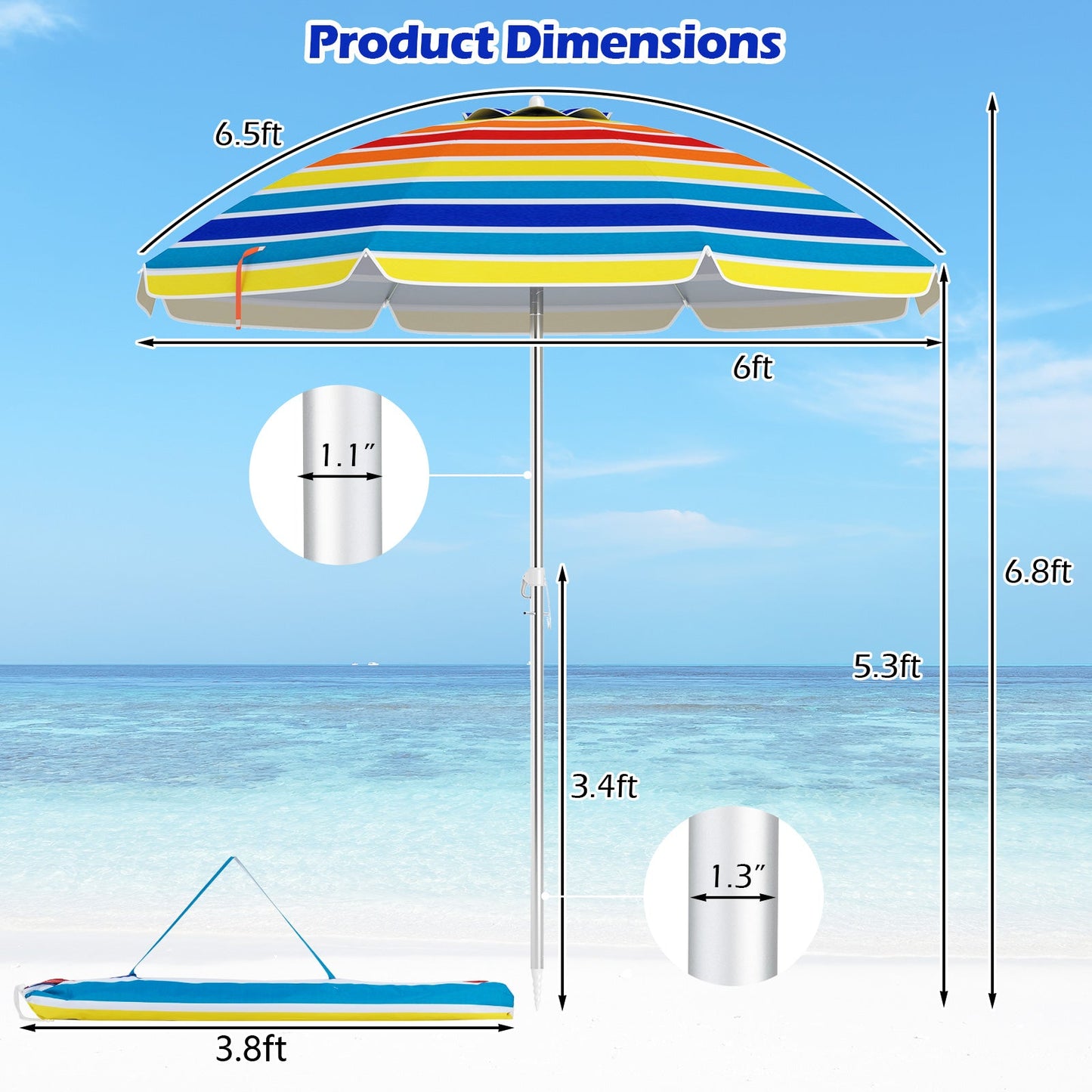 6.5 Feet Beach Umbrella with UPF 50+ Protection