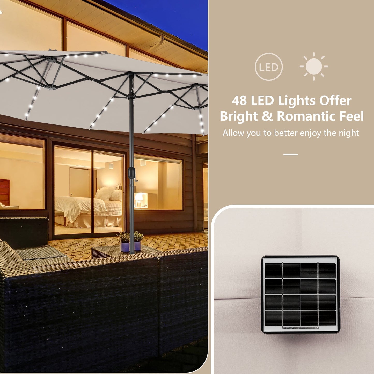 15 Feet Double-sided Patio Umbrella with 48 LED Lights