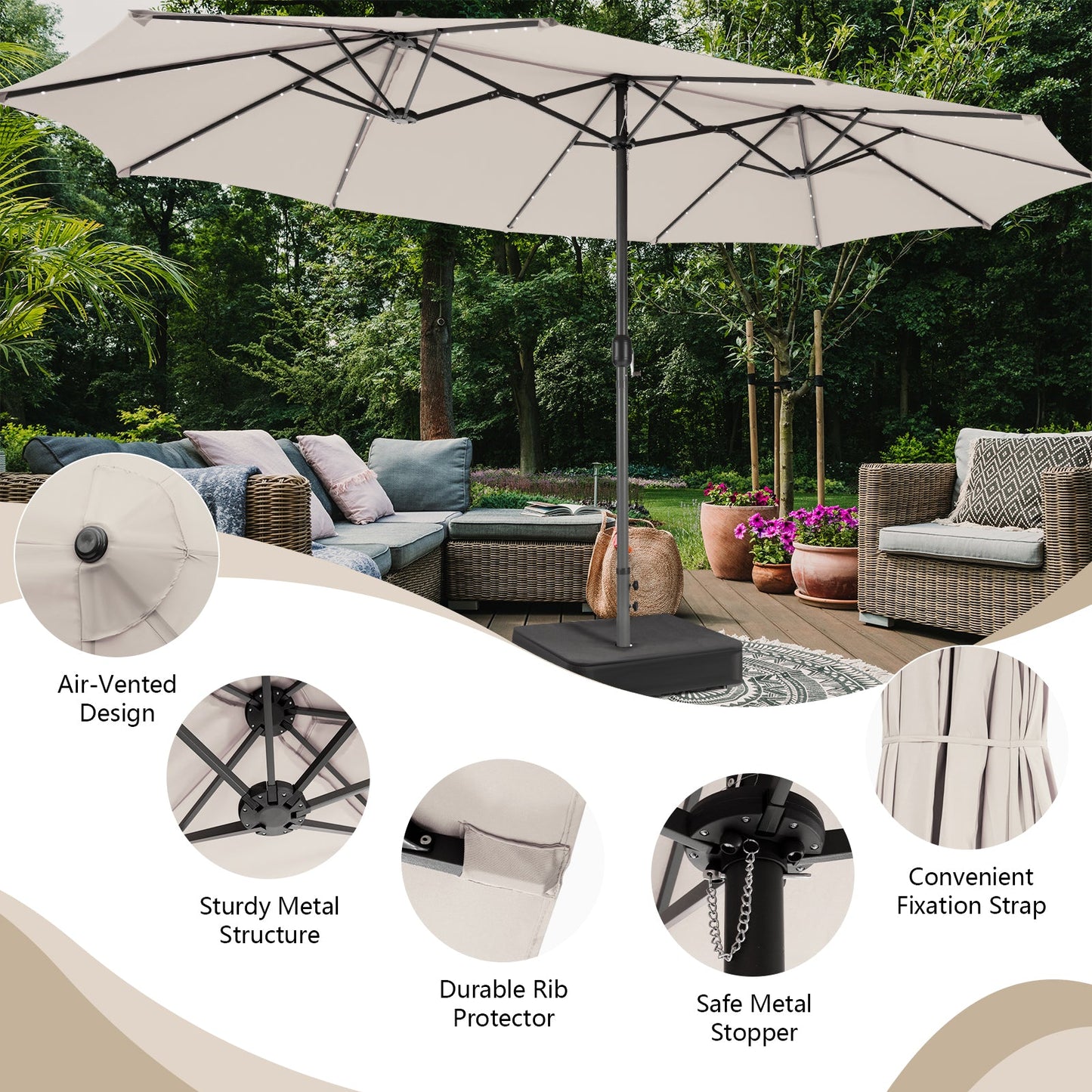 15 Feet Double-sided Patio Umbrella with 48 LED Lights