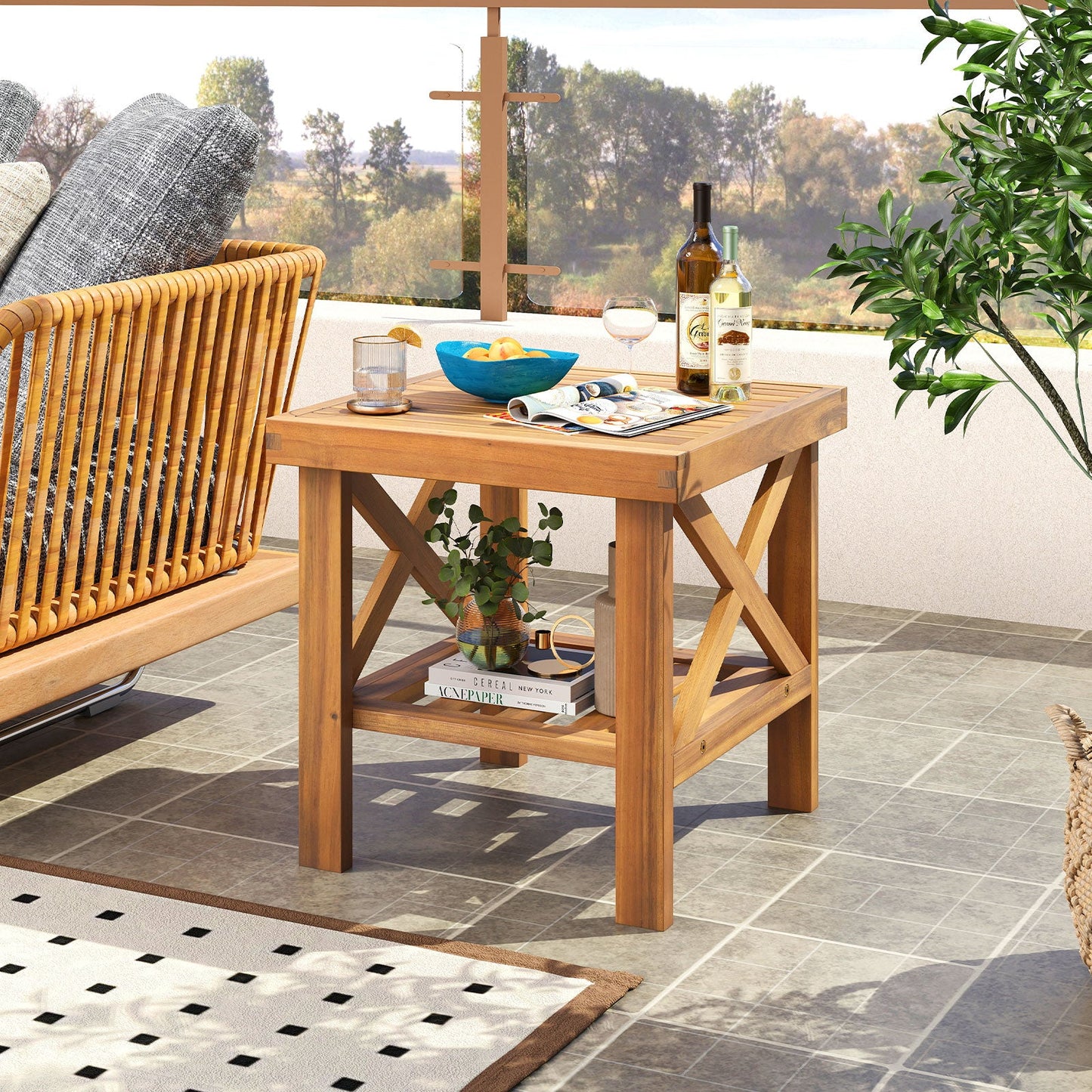Outdoor Side Table with Storage Shelf for Small Space