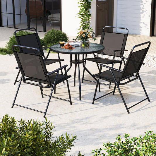 6 Pieces Patio Dining Set Folding Chairs Glass Table Tilt Umbrella