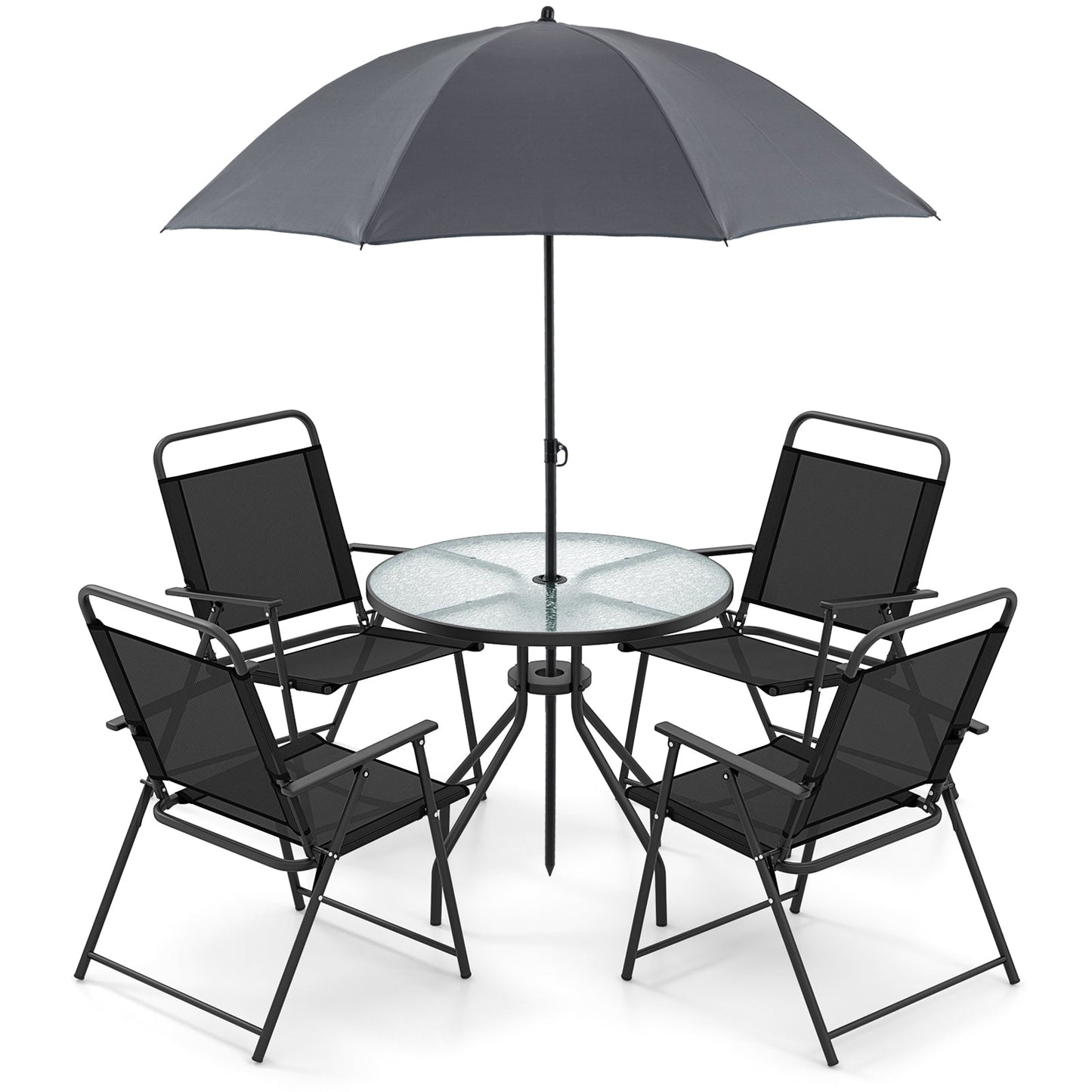 6 Pieces Patio Dining Set Folding Chairs Glass Table Tilt Umbrella