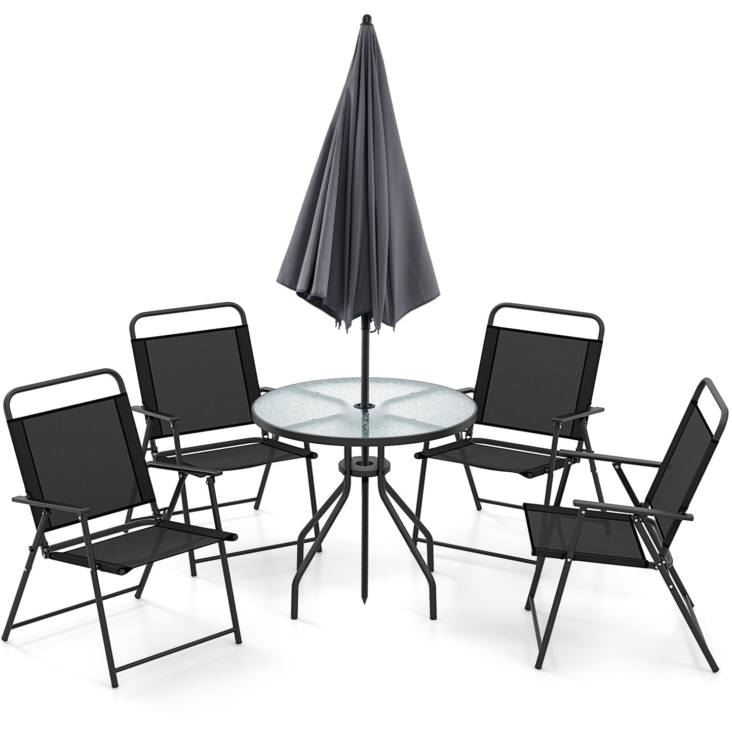 6 Pieces Patio Dining Set Folding Chairs Glass Table Tilt Umbrella