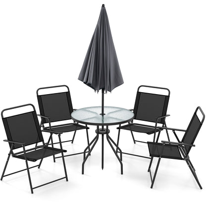 6 Pieces Patio Dining Set Folding Chairs Glass Table Tilt Umbrella