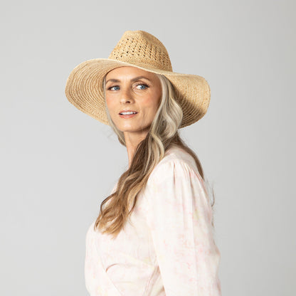 Wide-Brim Raffia Fedora with Crochet Crown