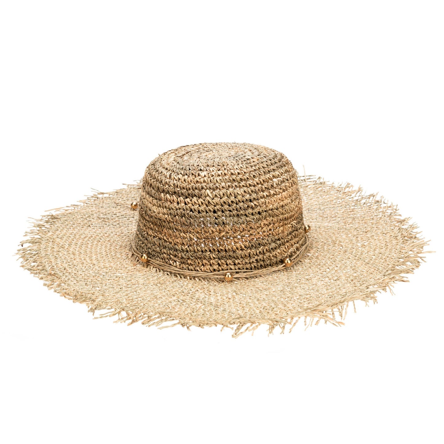 Runaway - Crochet Seagrass Crown with Open Weave Brim and Gold Beaded Trim