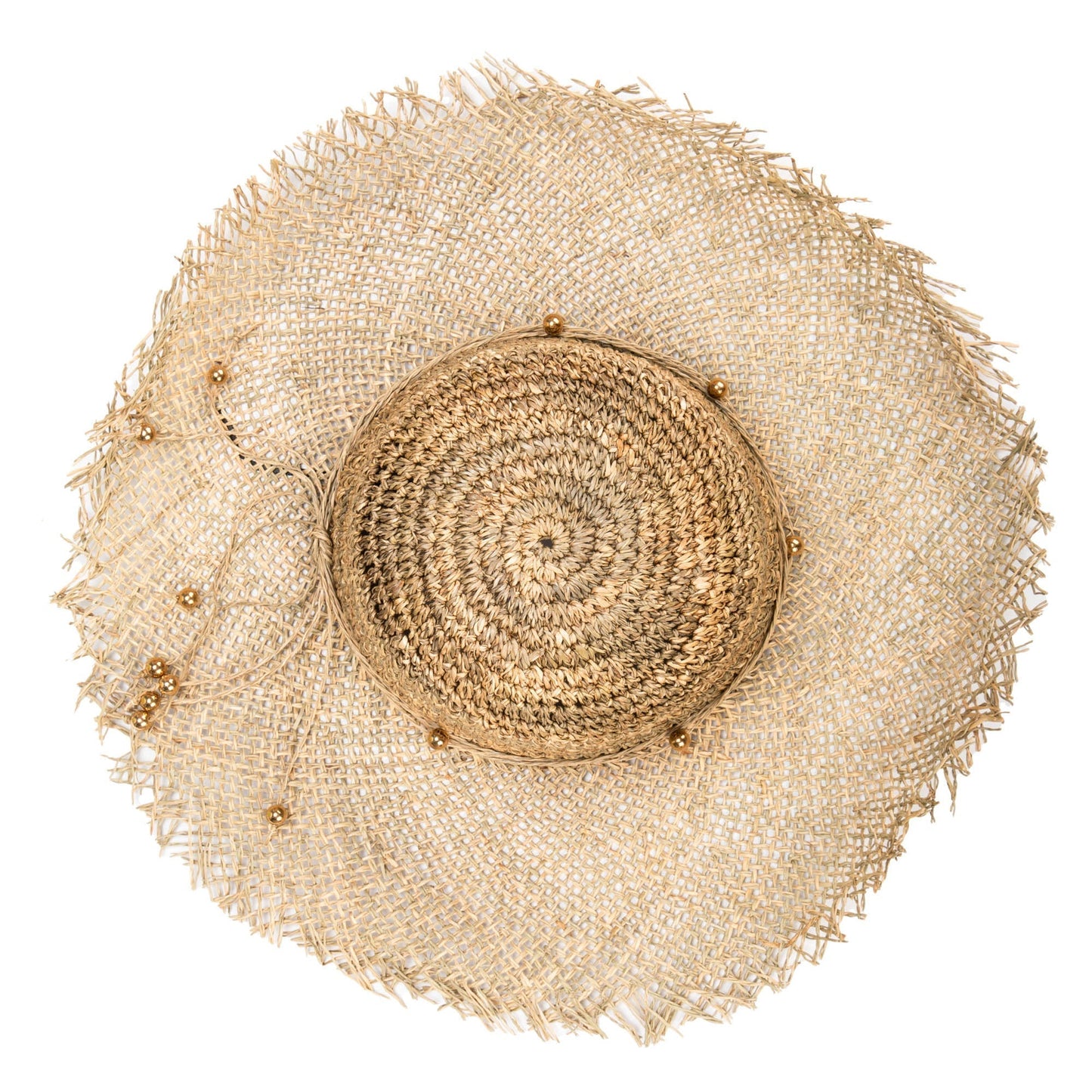 Runaway - Crochet Seagrass Crown with Open Weave Brim and Gold Beaded Trim