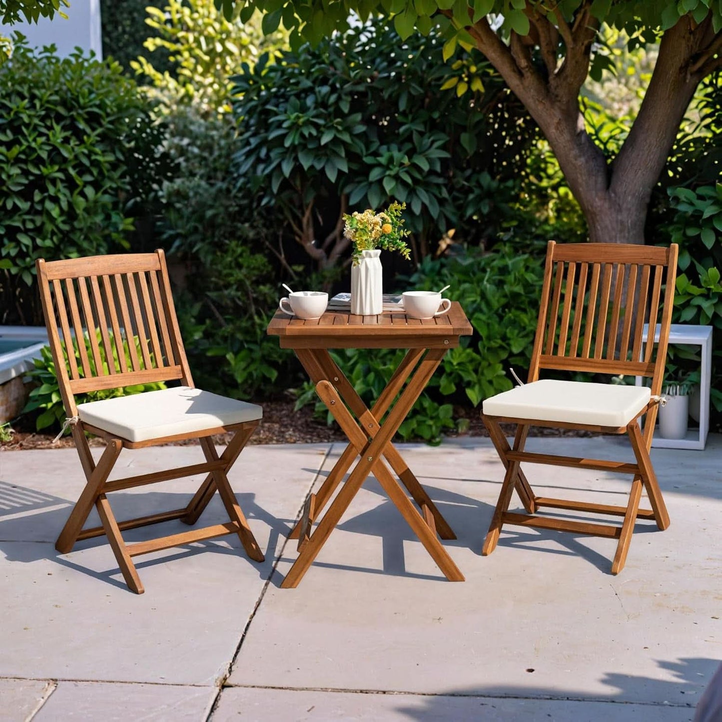 3 Piece Acacia Folding Bistro Set with Cushions