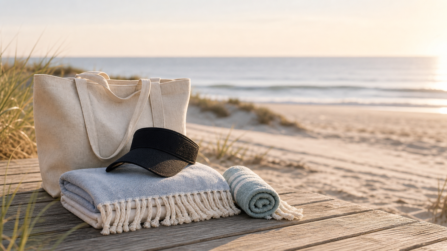 Lightweight coastal towel, tote, and sun visor packed for a beach day