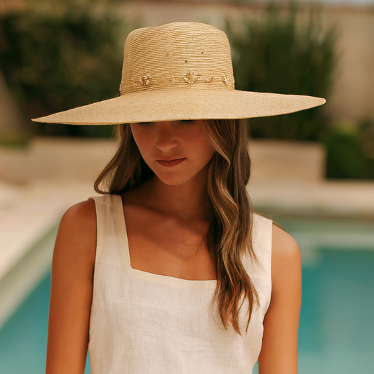 Glitz Wide Brim Fedora Sun Hat worn poolside