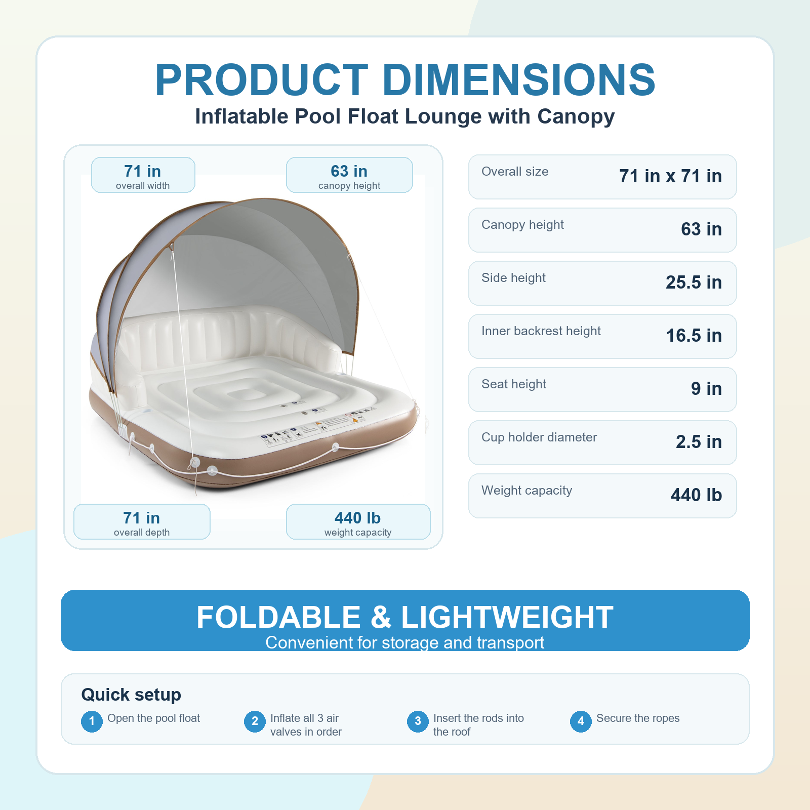 Inflatable Pool Float Lounge dimensions and setup guide - corrected spelling