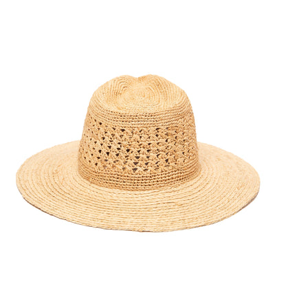 Wide-Brim Raffia Fedora with Crochet Crown