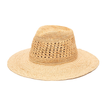 Wide-Brim Raffia Fedora with Crochet Crown