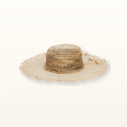 Studio product photo for Runaway - Crochet Seagrass Crown with Open Weave Brim and Gold Beaded Trim