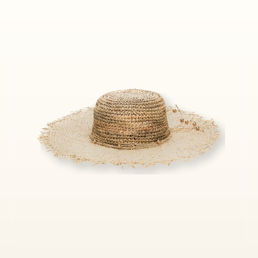 Studio product photo for Runaway - Crochet Seagrass Crown with Open Weave Brim and Gold Beaded Trim