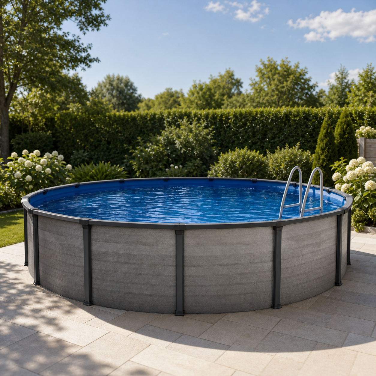 Above-ground pool in a landscaped backyard