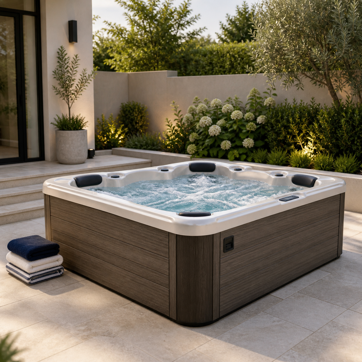 Hot tub and poolside relaxation space