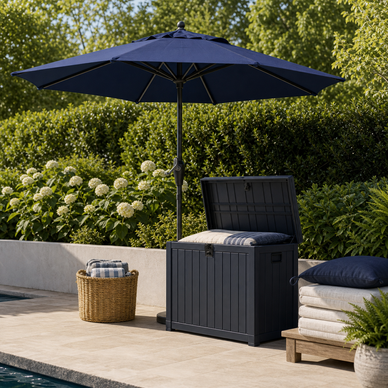 Shade and outdoor storage beside a pool