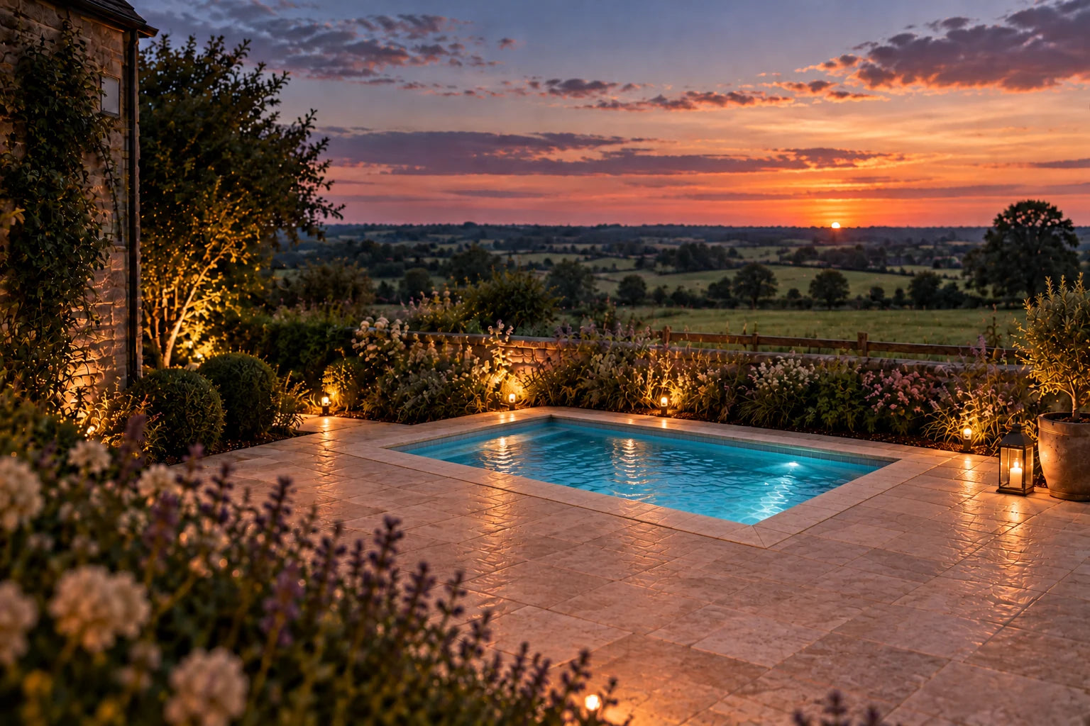 Garden inspiration: an evening garden pool with warm terrace lighting and open countryside.
